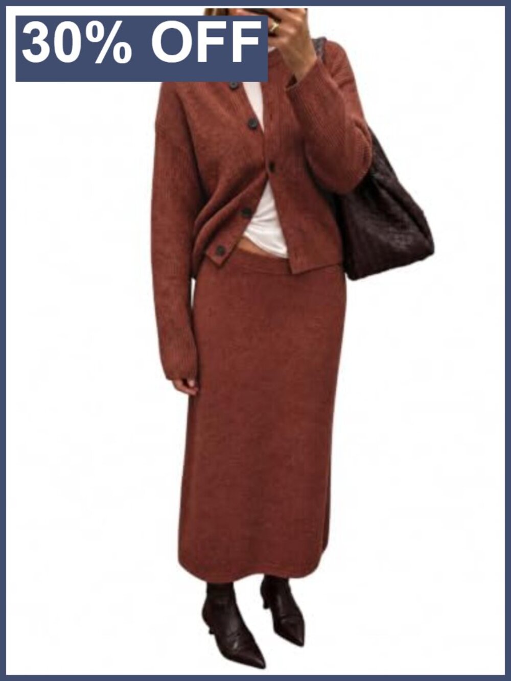 Ribbed Knit 2 Piece Sweater Skirt Set Button Cardigan Maxi Skirt